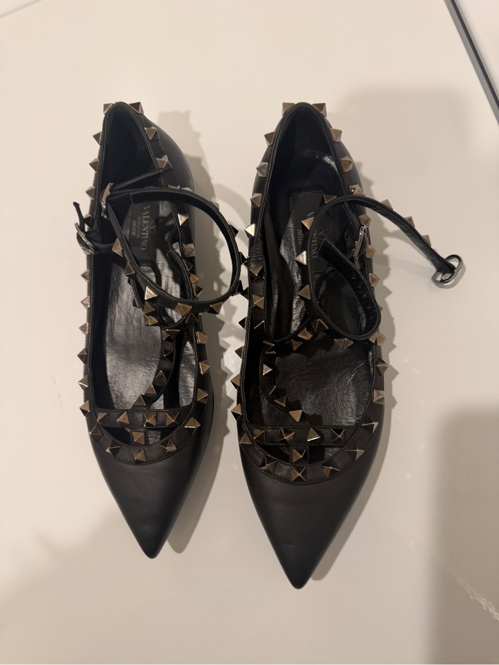 Valentino Garavani Black Rockstud Pointed Flats with Ankle Straps